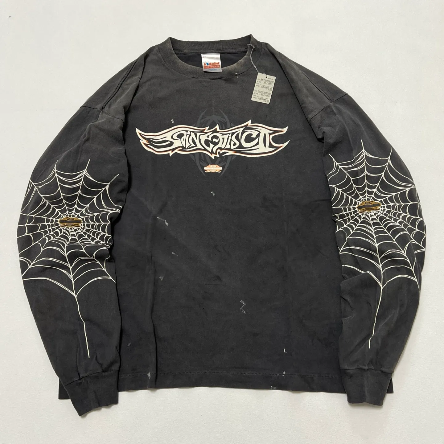 SAINT Mxxxxxx × TEFLON DISCO ML_LS TEE/INSANITY/BLK Spider Web INSANITY Distressed Long Sleeves Washed Black S-XL Ready-to-wear Assute dyeing Maliu water spray fading treatment Customized TEFLON DISCO co-branded accessories Hand-splashed ink Wormhole fraying treatment Authentic level printing process